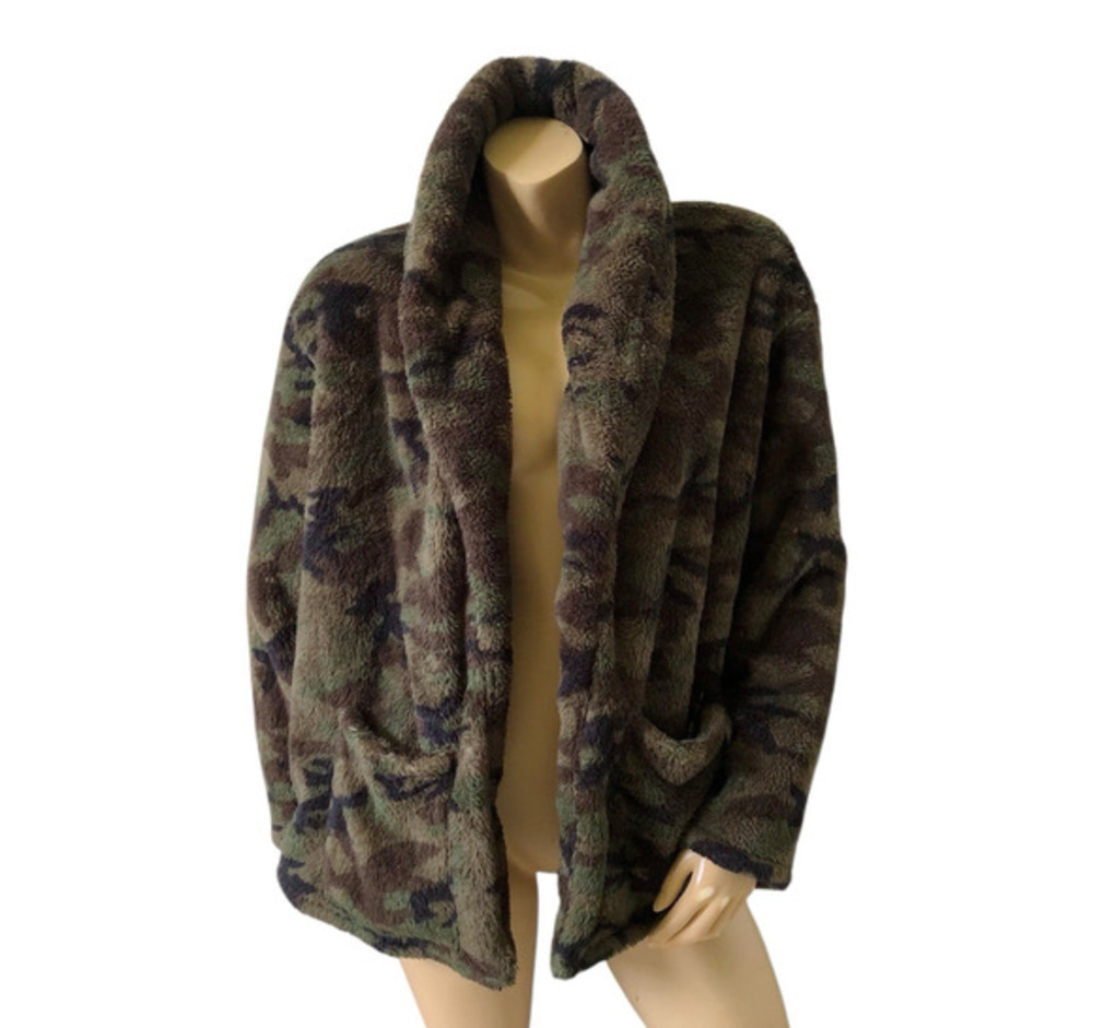 Love Fire Sherpa Fleece Cardigan Jacket Womens L Green Camo Plush Open Front